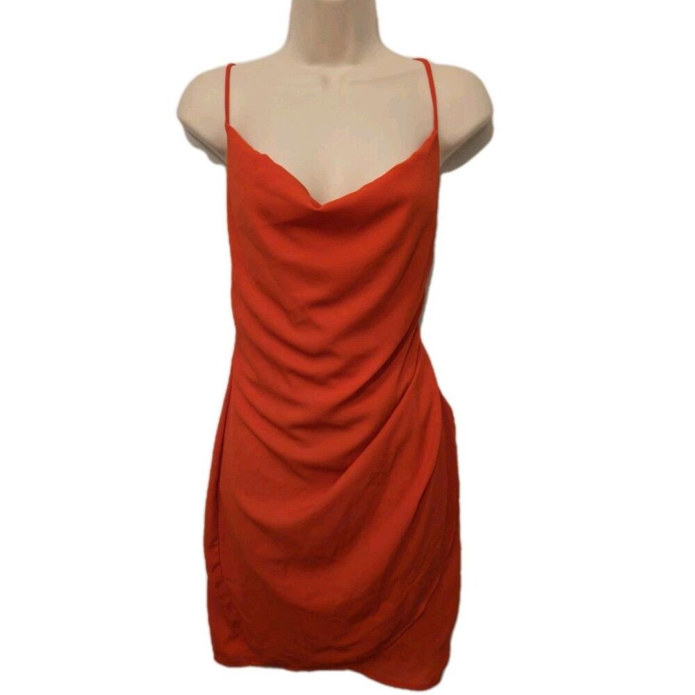 Red Satin Cowl Neck Mini Slip Dress S Sexy Strappy Low Cut Backless Glam 90s Y2K